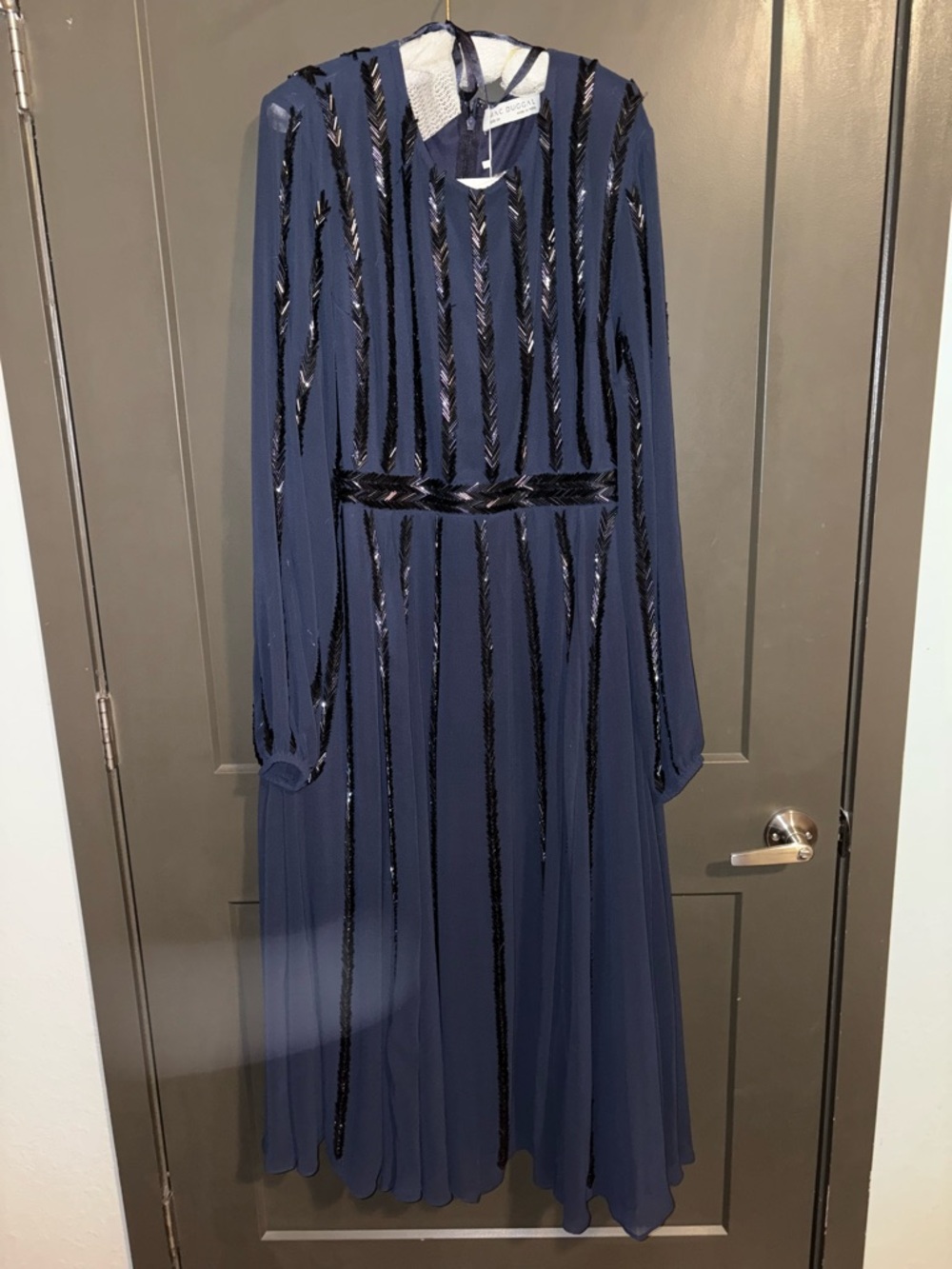 Mac Duggal Navy Long Sheer Sleeve Sequin Dress